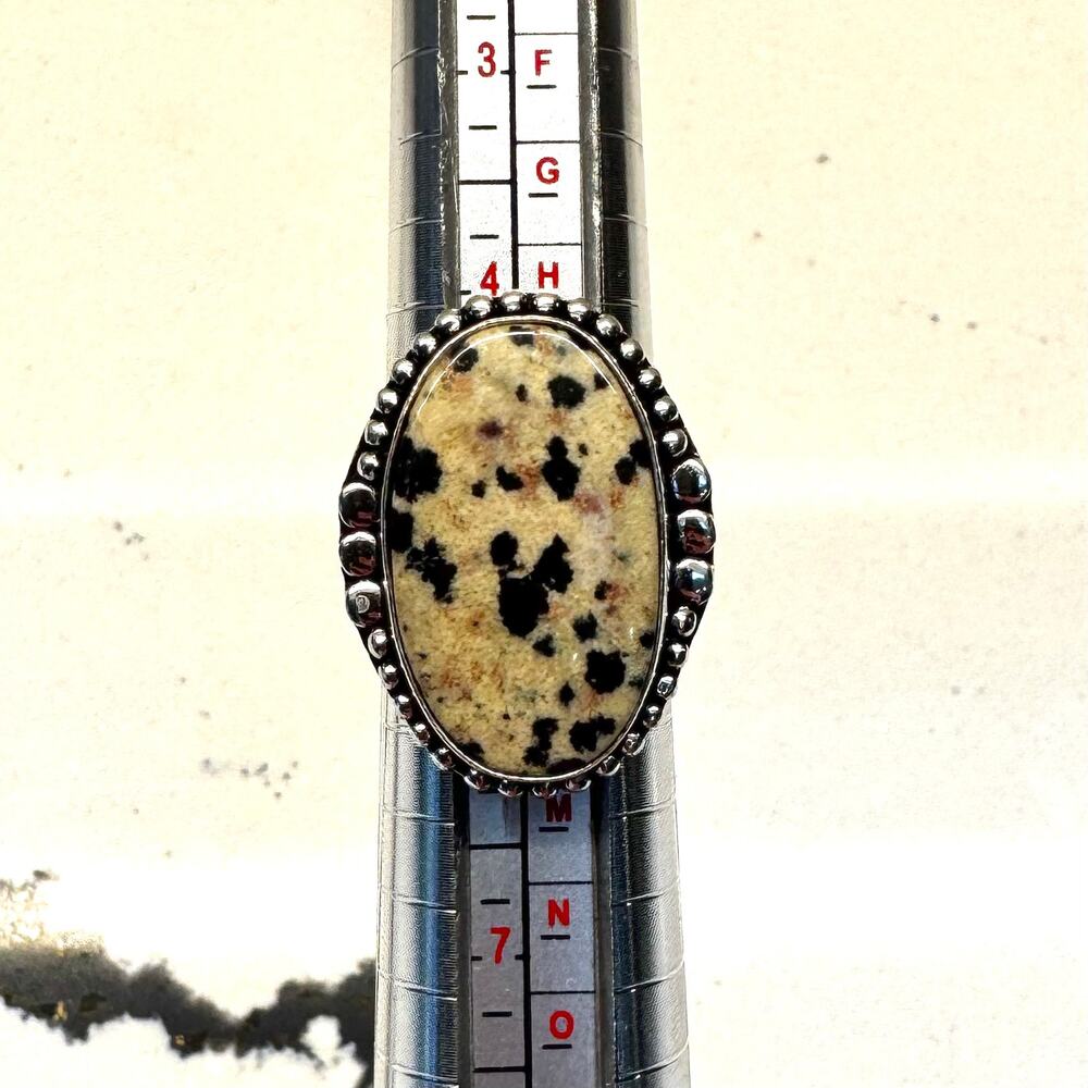 Adjustable Genuine Dalmatian Jasper Statement Ring Silver Tone Boho